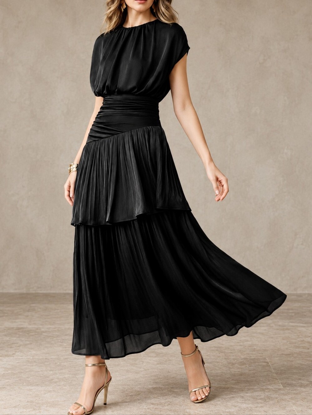 New Luxe Ruched Blouson Dropped Waist Tiered Maxi Dress Black - Picture 4 of 13